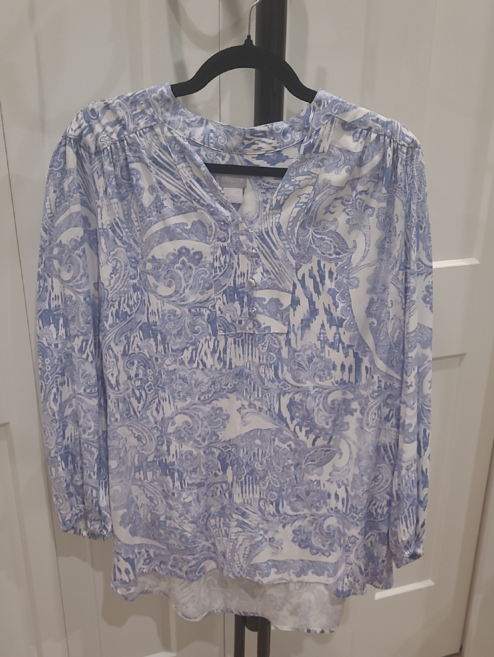 CHICOS White and Light Blue Paisley Blouse